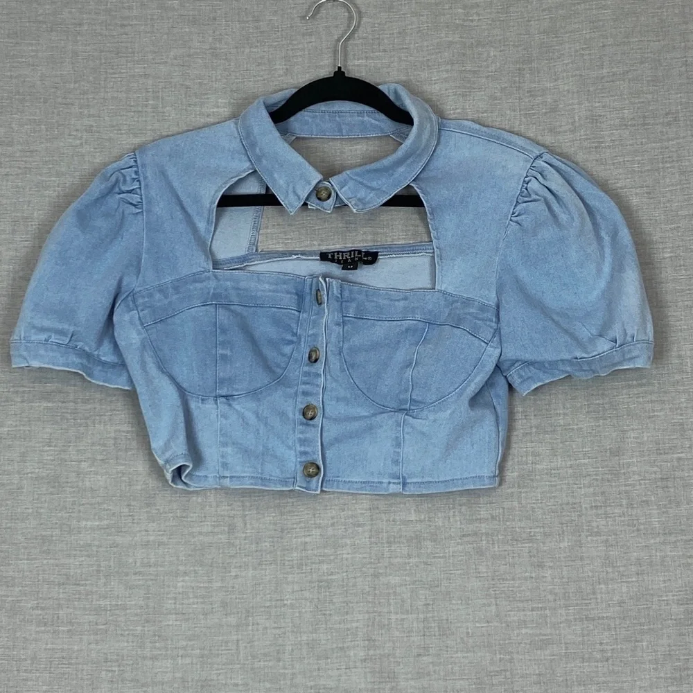 Thrill Jeans Denim Crop Top Sz Medium Button Collar Chest Cut Out - Picture 1 of 6